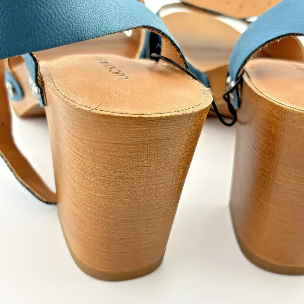 Lucky Brand Teal Turquoise Sandals with Wooden Heel Ankle‎ Strap Size 7